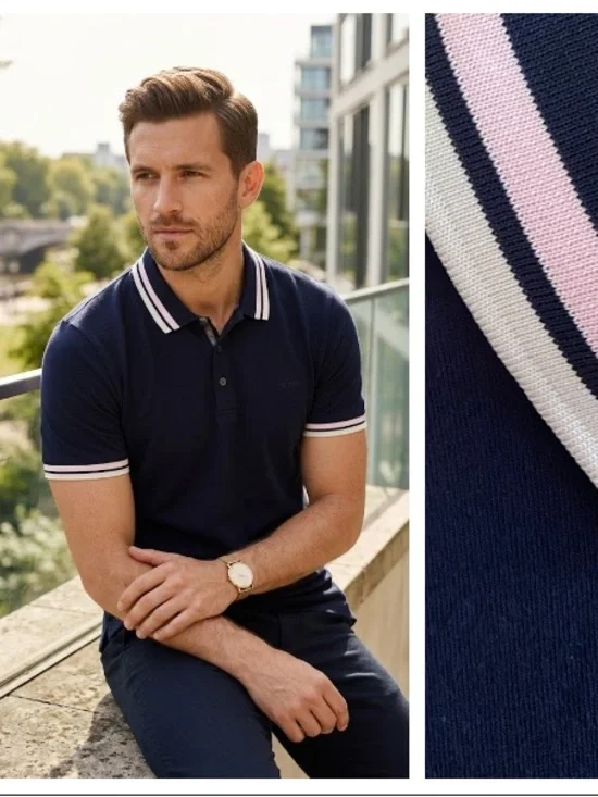 Ted Baker Navy Blue Pink White Stripe Collar Knit Polo Shirt Medium - Picture 1 of 15